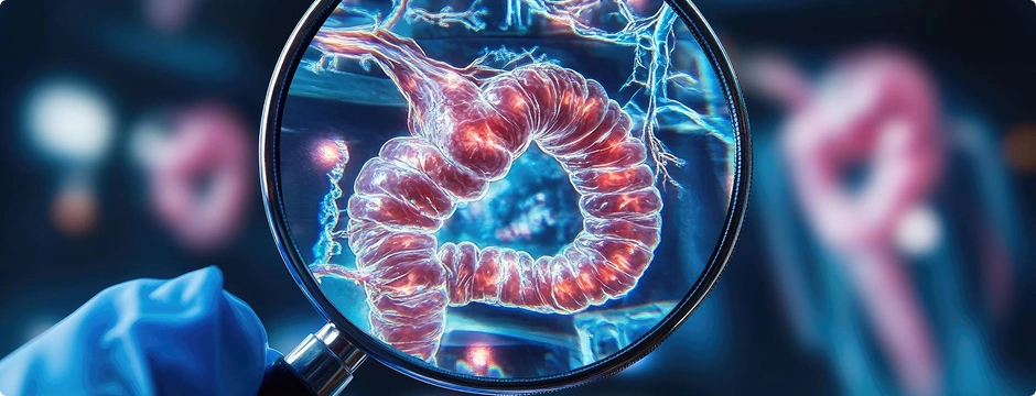 Microscopic view of intestinal tissue